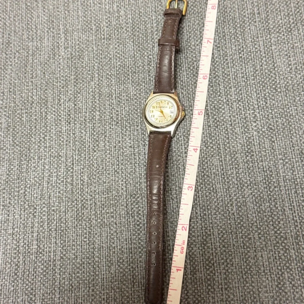 Charter Club Quartz Watch Brown Leather Band Silver Gold Tone Date Window Works